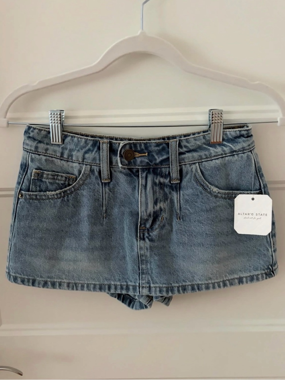 Altar'd State Faded Light Blue Denim Mini Shorts